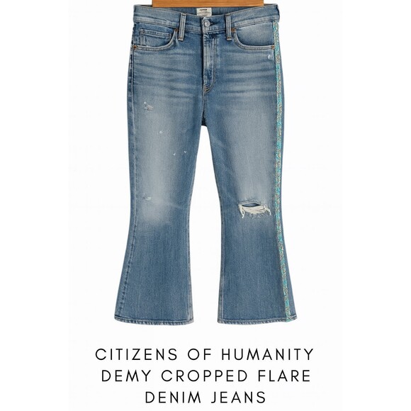 Citizens of Humanity Demy Cropped Flare Jeans Floral Trim Distressed Denim 32 - Picture 1 of 12